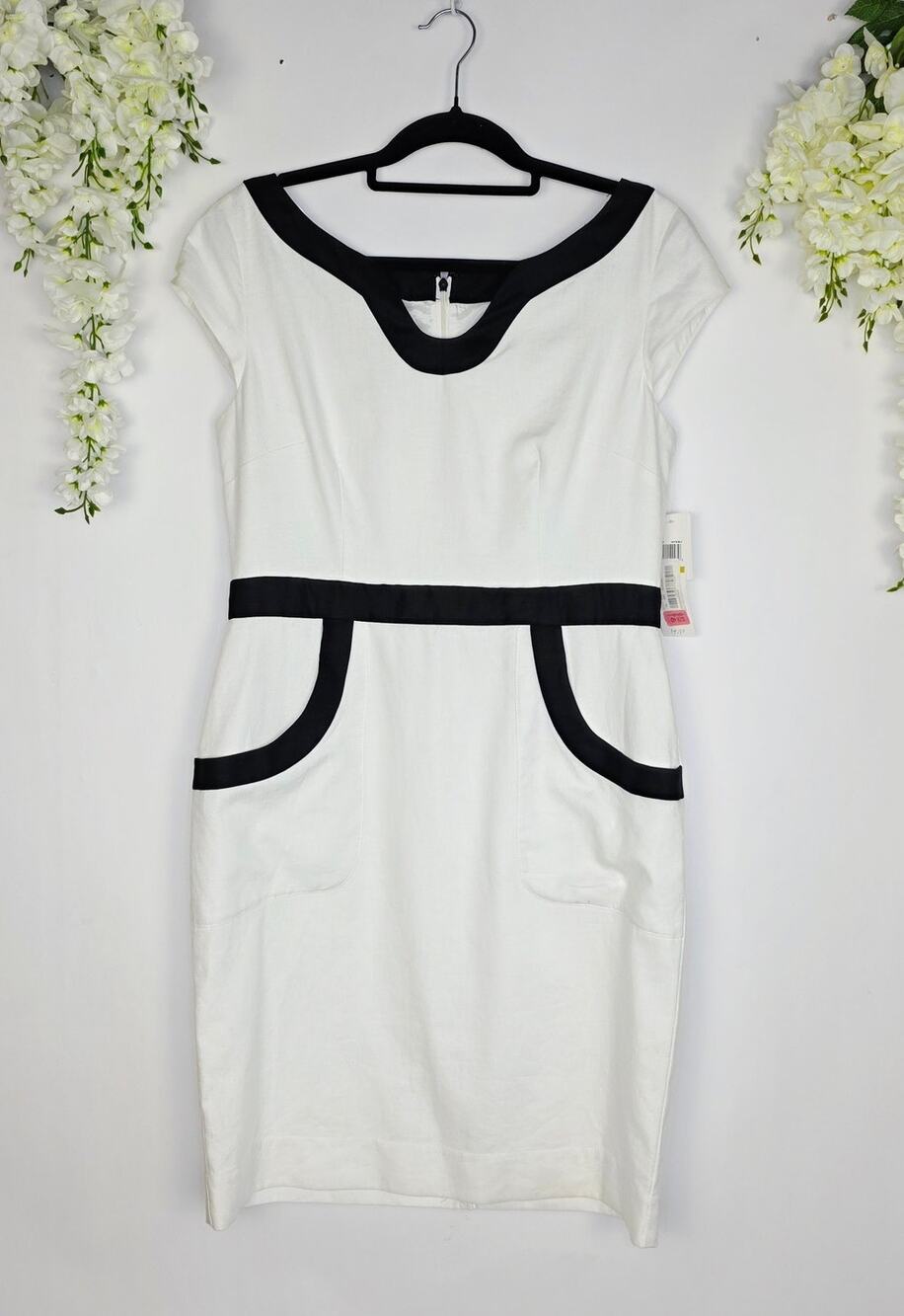 New Maggy London Linen Career Dress 14 White Black Trim Pockets Minimalist Offic